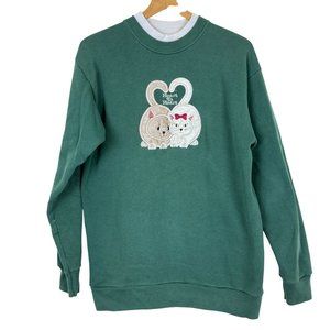 Vtg Cheek-O Sweatshirt Sz Large Heart To Heart Cat Applique Green Long-Sleeve US